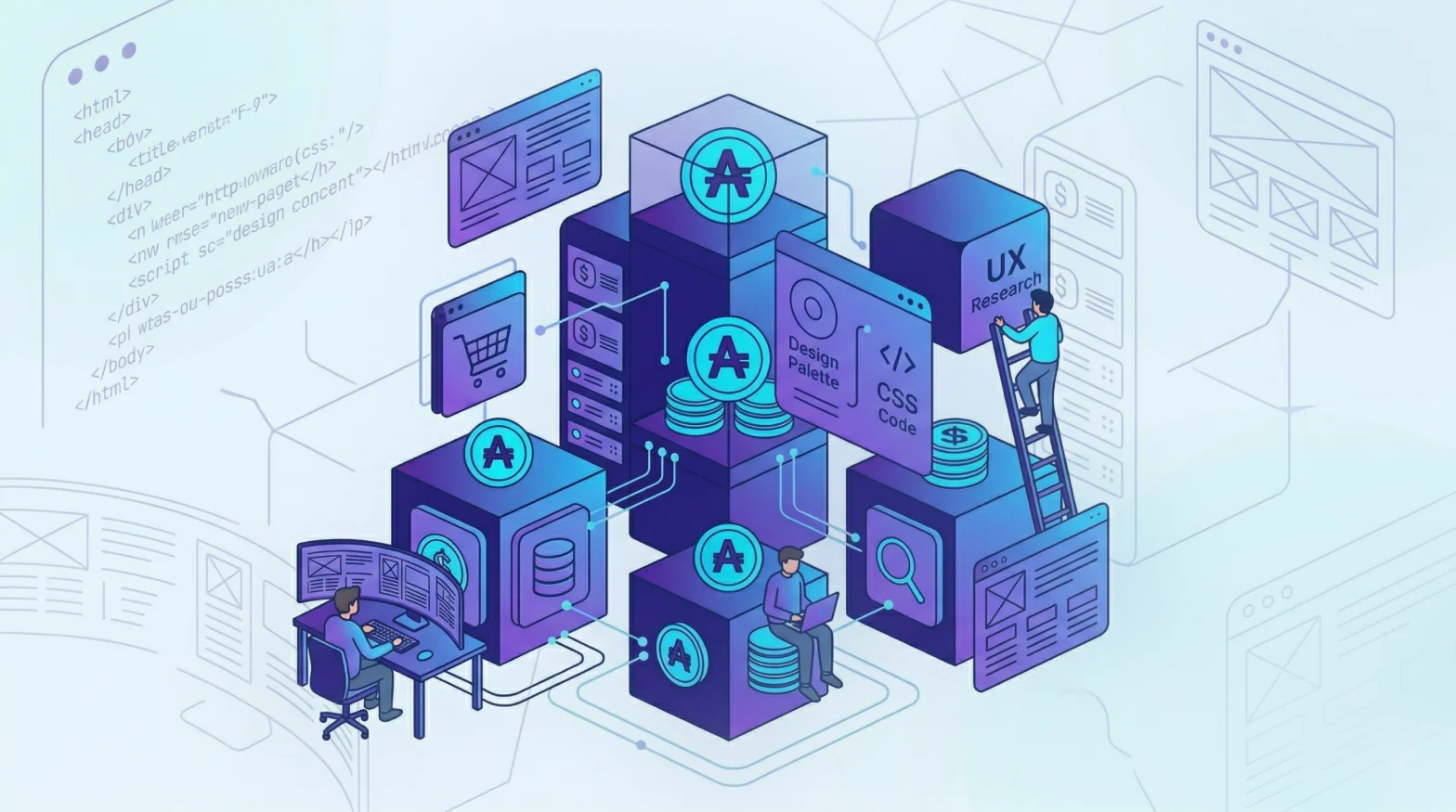 Modern 2D isometric illustration of web design and development elements featuring gradient icons in blue and purple tones, representing web design dubai price and ROI factors.