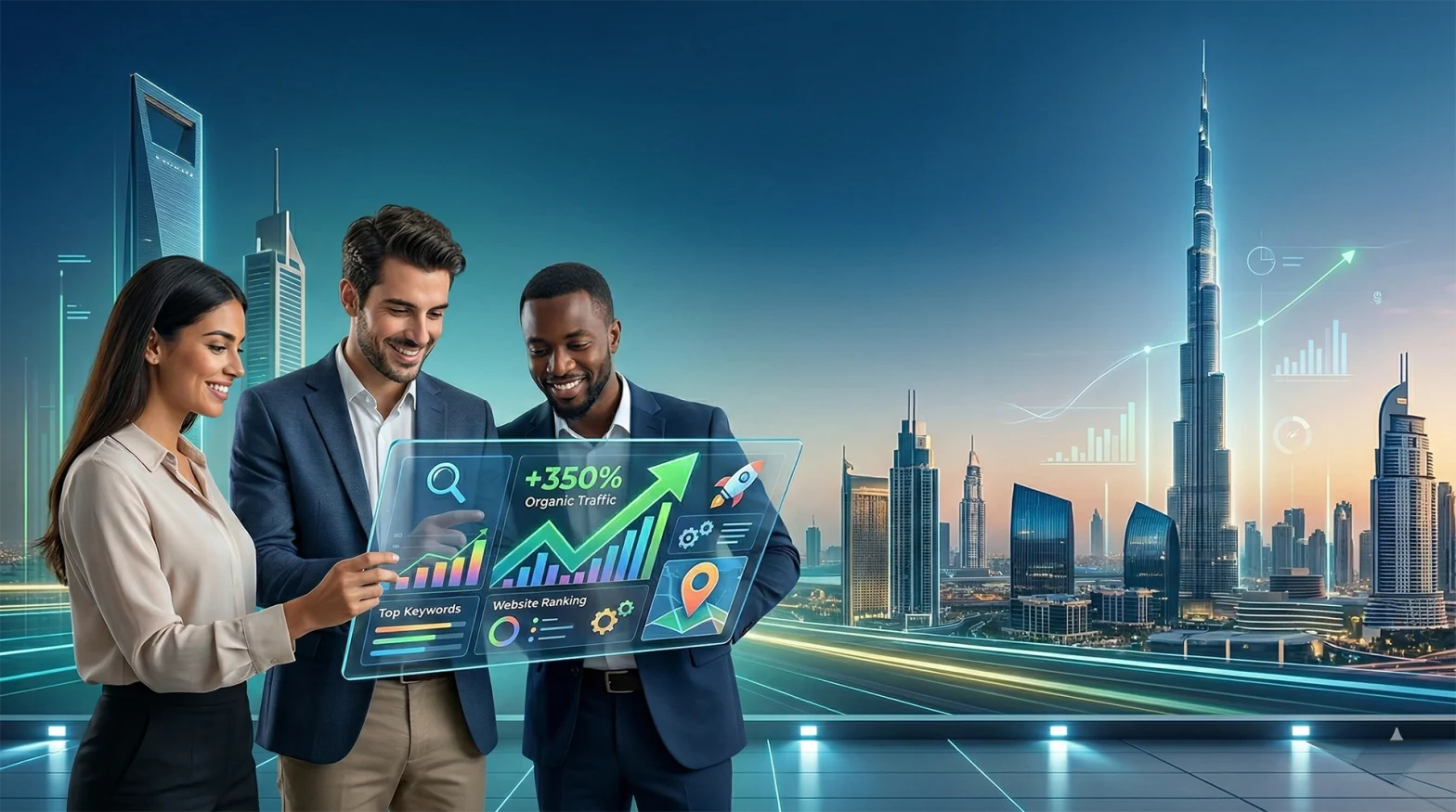 op SEO Agency in Dubai team analyzing organic traffic growth charts