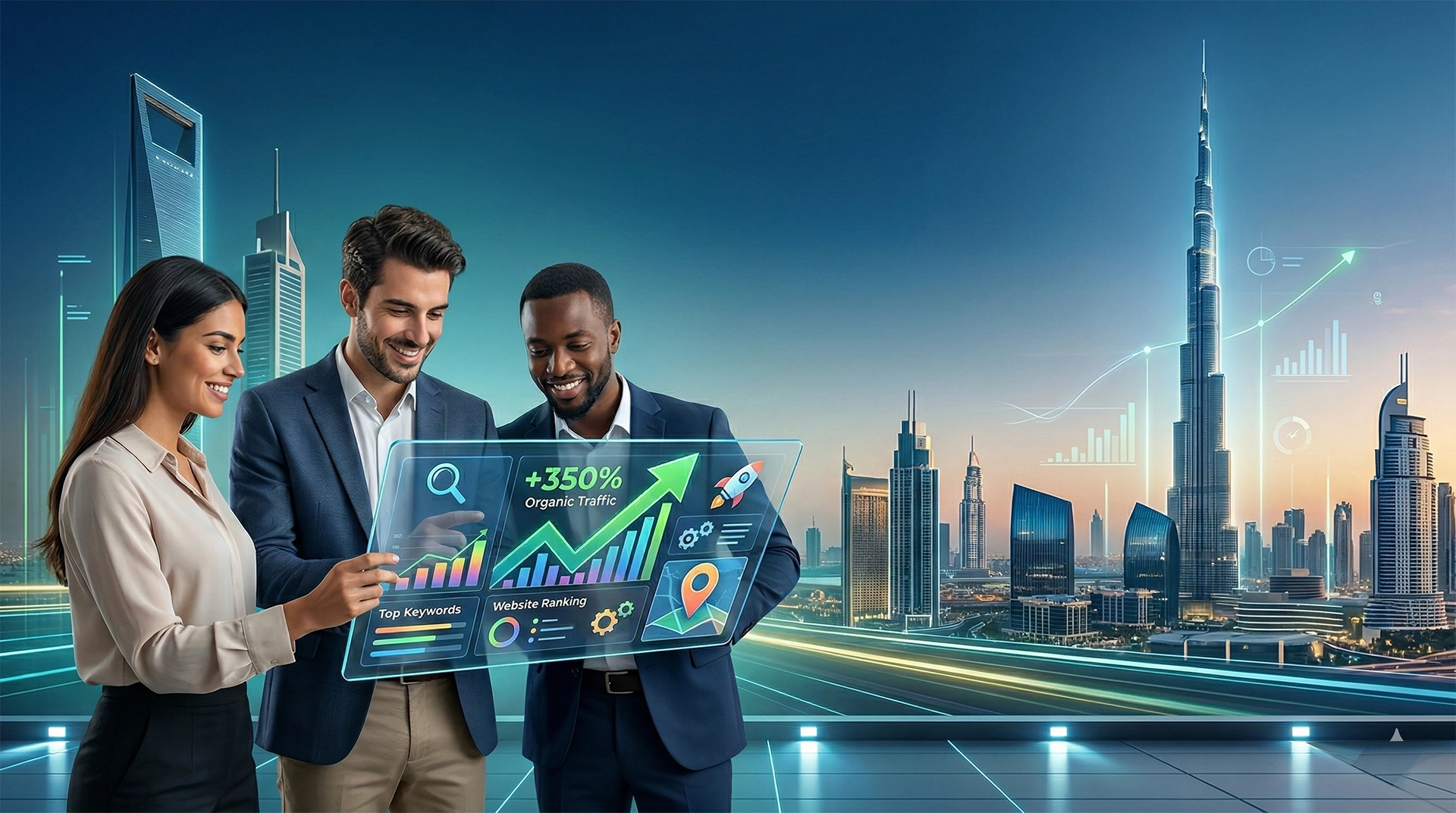 op SEO Agency in Dubai team analyzing organic traffic growth charts